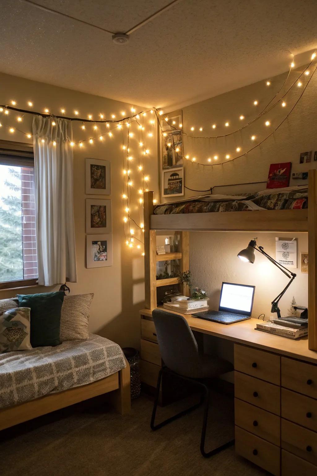 Various light sources creates an appealing dorm room atmosphere.