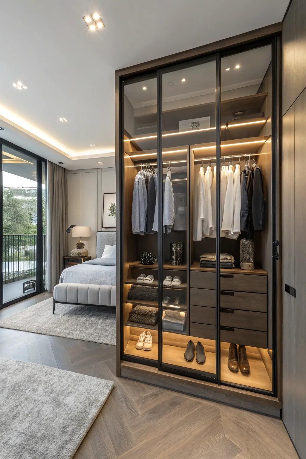 Compartmentalized sections inside a double closet provide custom organization for any need.