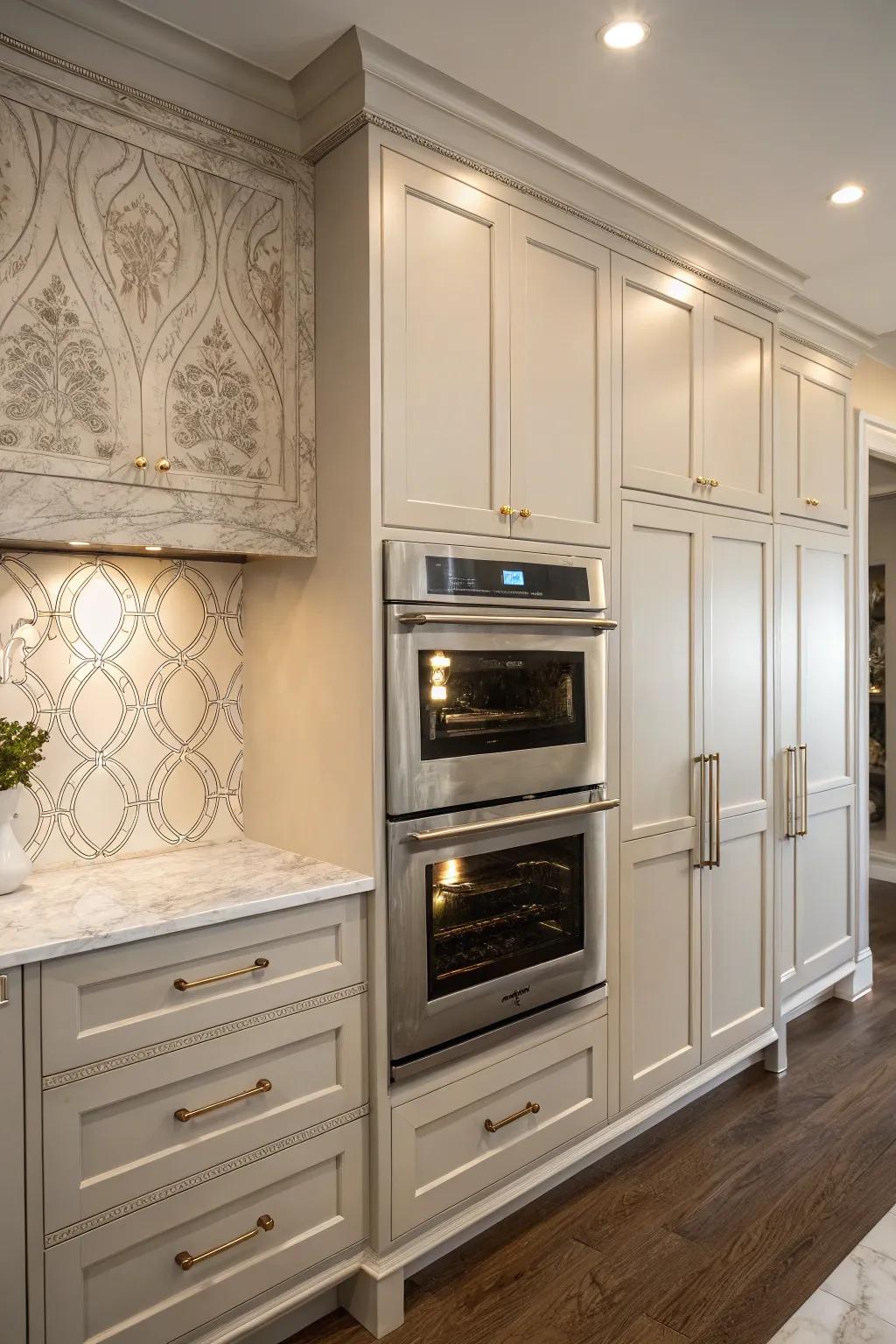 A concealed double oven merges flawlessly with the surrounding cabinet work.