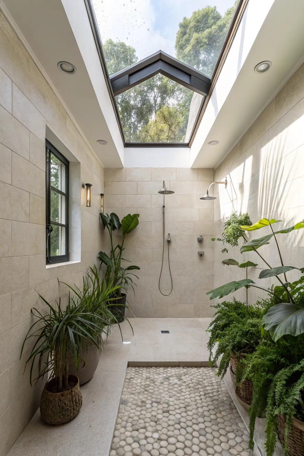 Shower in daylight with a roof light-boosted double shower.