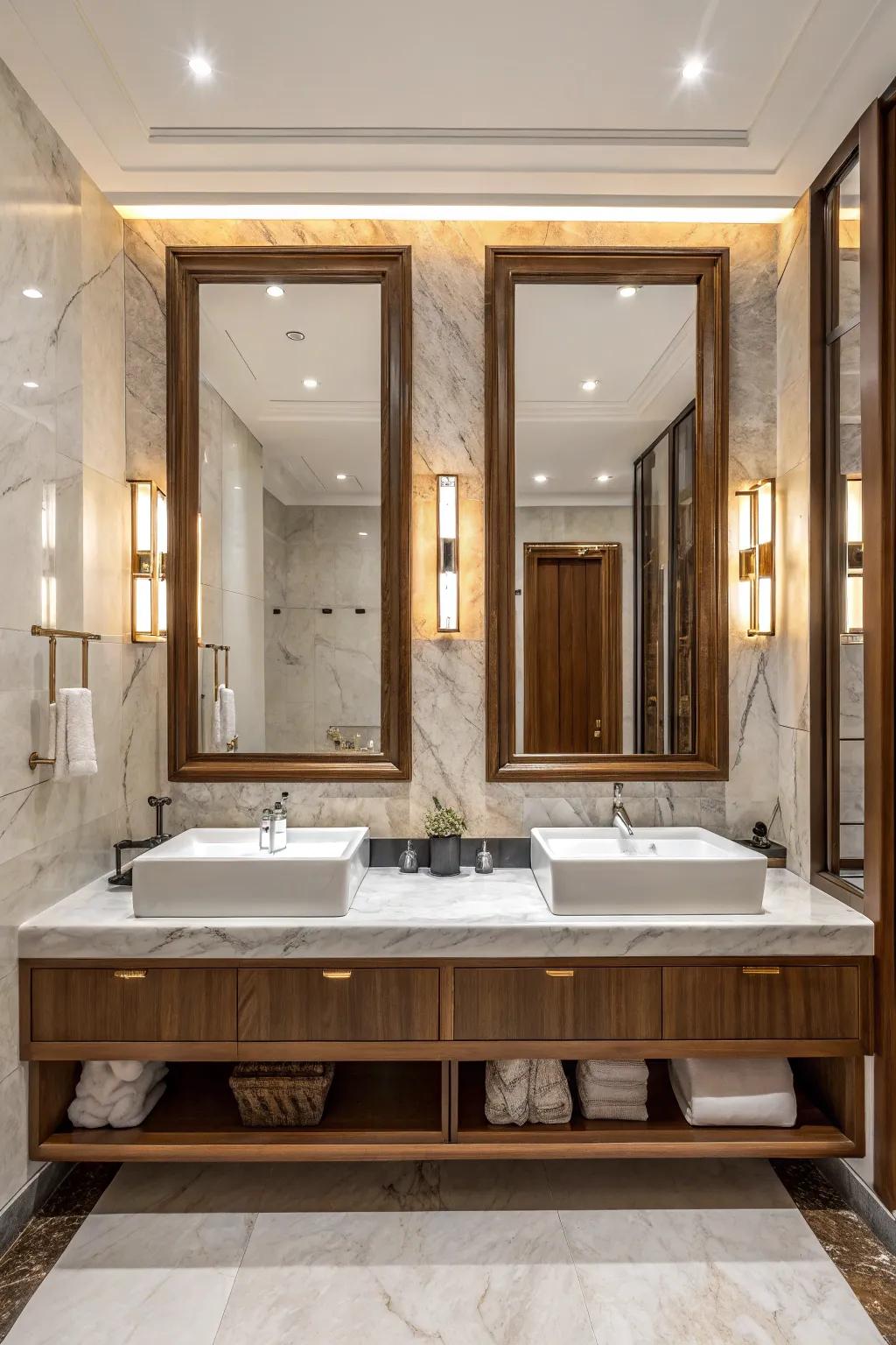Grand statement mirrors bring a sense of drama and sophistication above these double sinks.