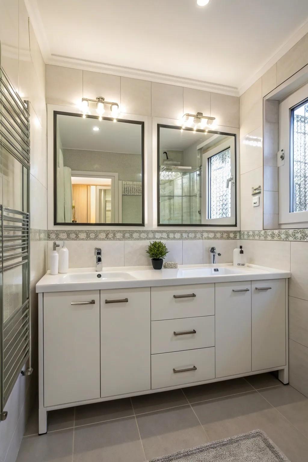 Mirror cabinets serve both as storage and space enhancers.