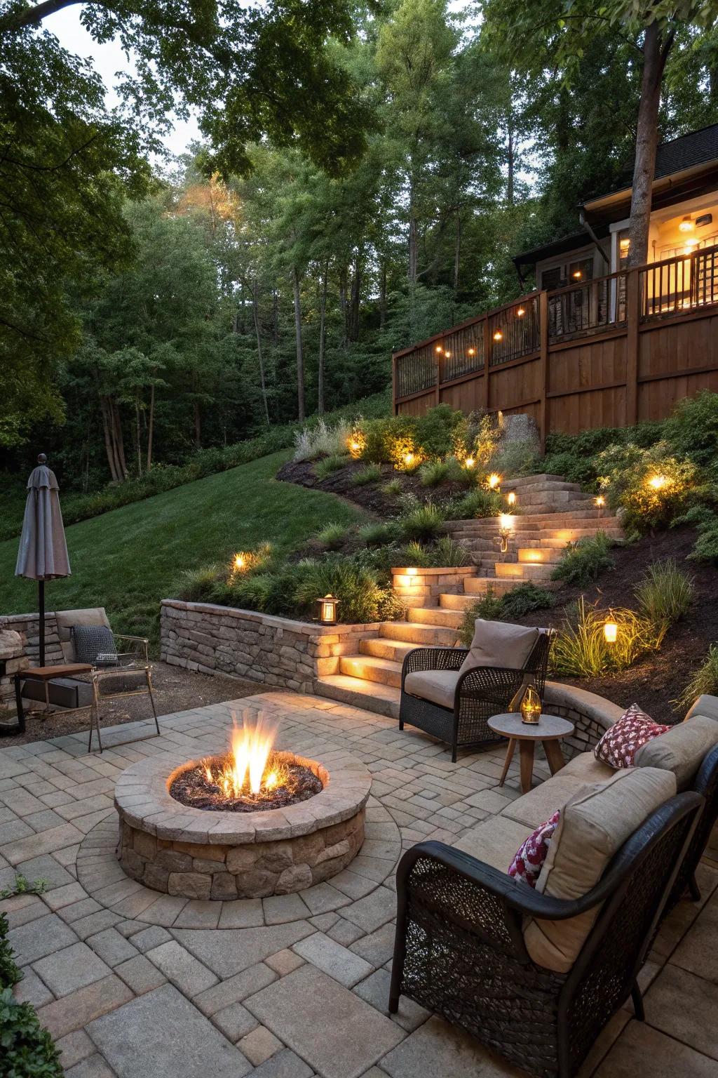 Establish an inviting and welcoming get-together location using a fire pit within your sloped yard.