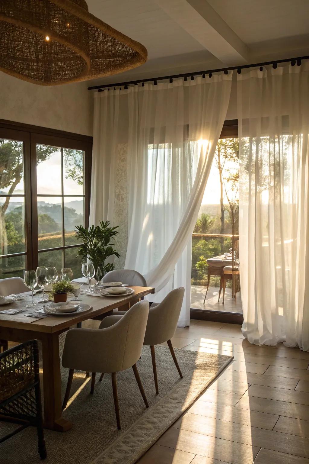 Wispy white panels crafting an airy and luminous ambiance in a dining area.