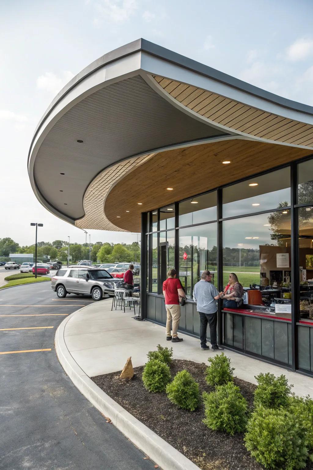 Drive-thru coffee shop featuring a unique design with a curved roof.
