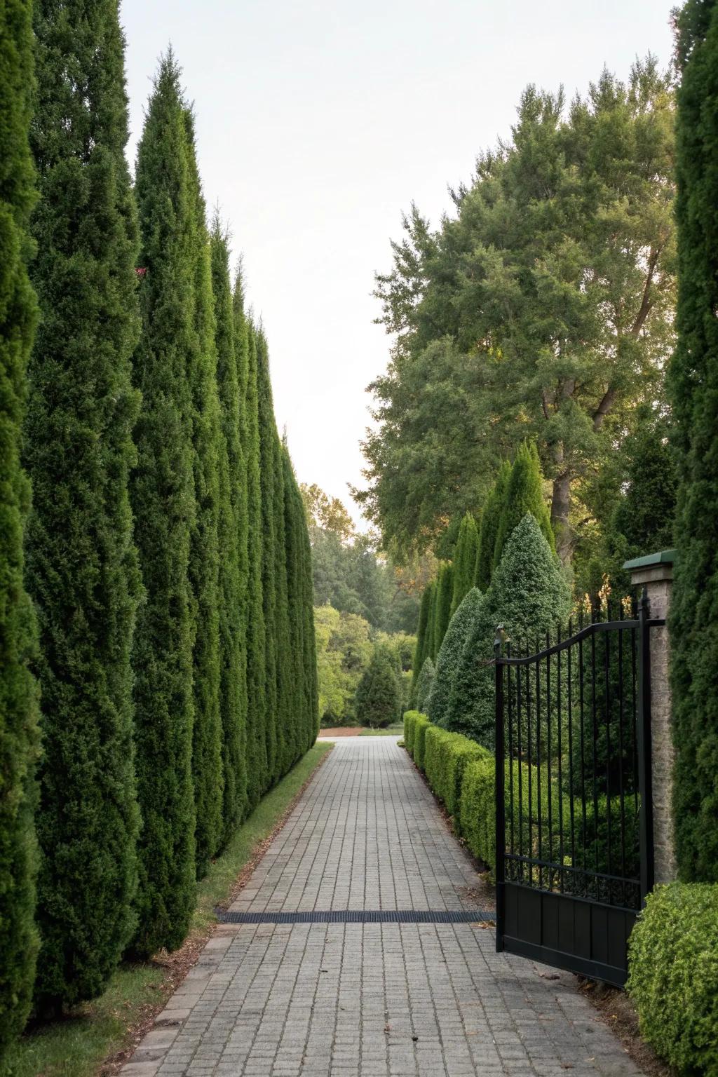 Tall arborvitae hedges providing privacy along a driveway.