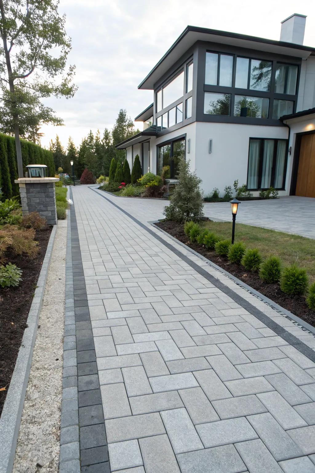 Sleek and contemporary straight block arrangement, enhancing a modern home's drive.