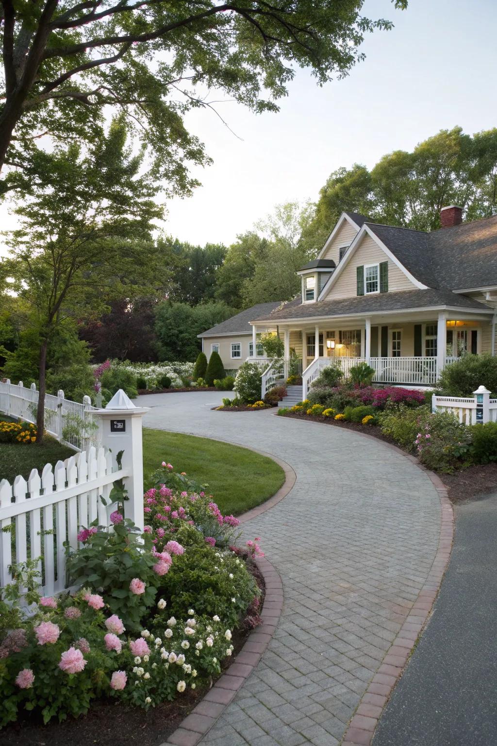 An attractive semicircle driveway enhanced with ornamental garden accents.