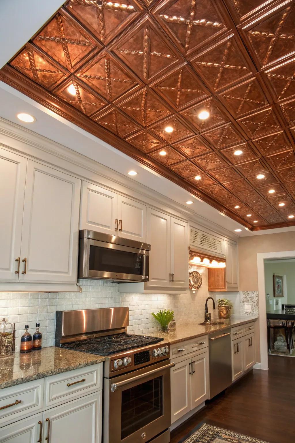 Glamour and retro charm exuding from shimmery ceiling squares.