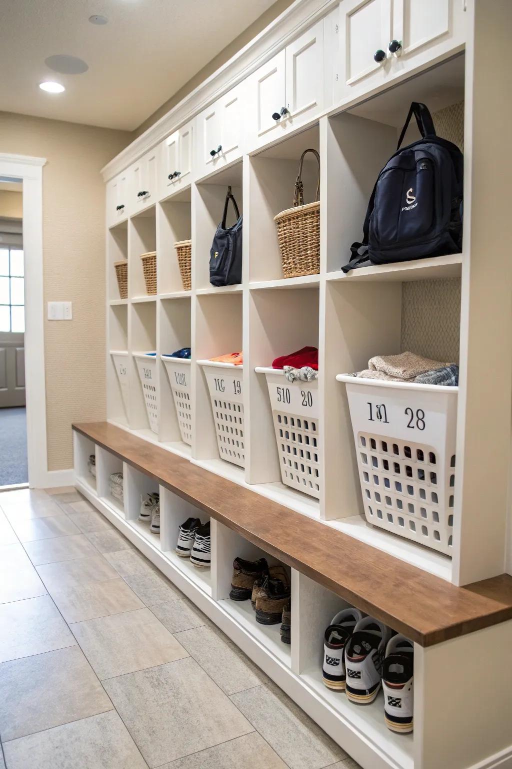 Labeled baskets in cubbies maintain organized items.