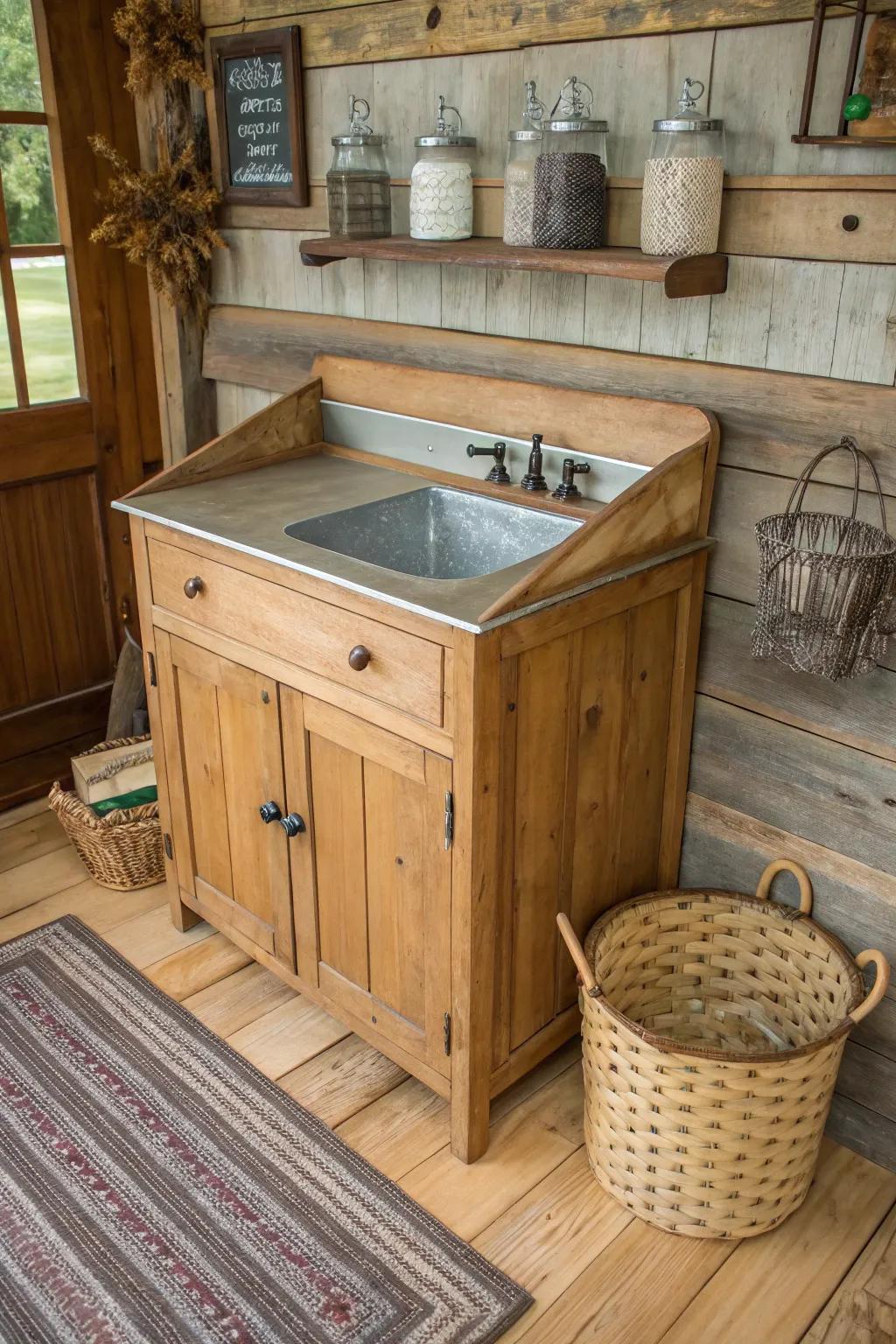 Different textures give this water closet table a rustic, modern look.