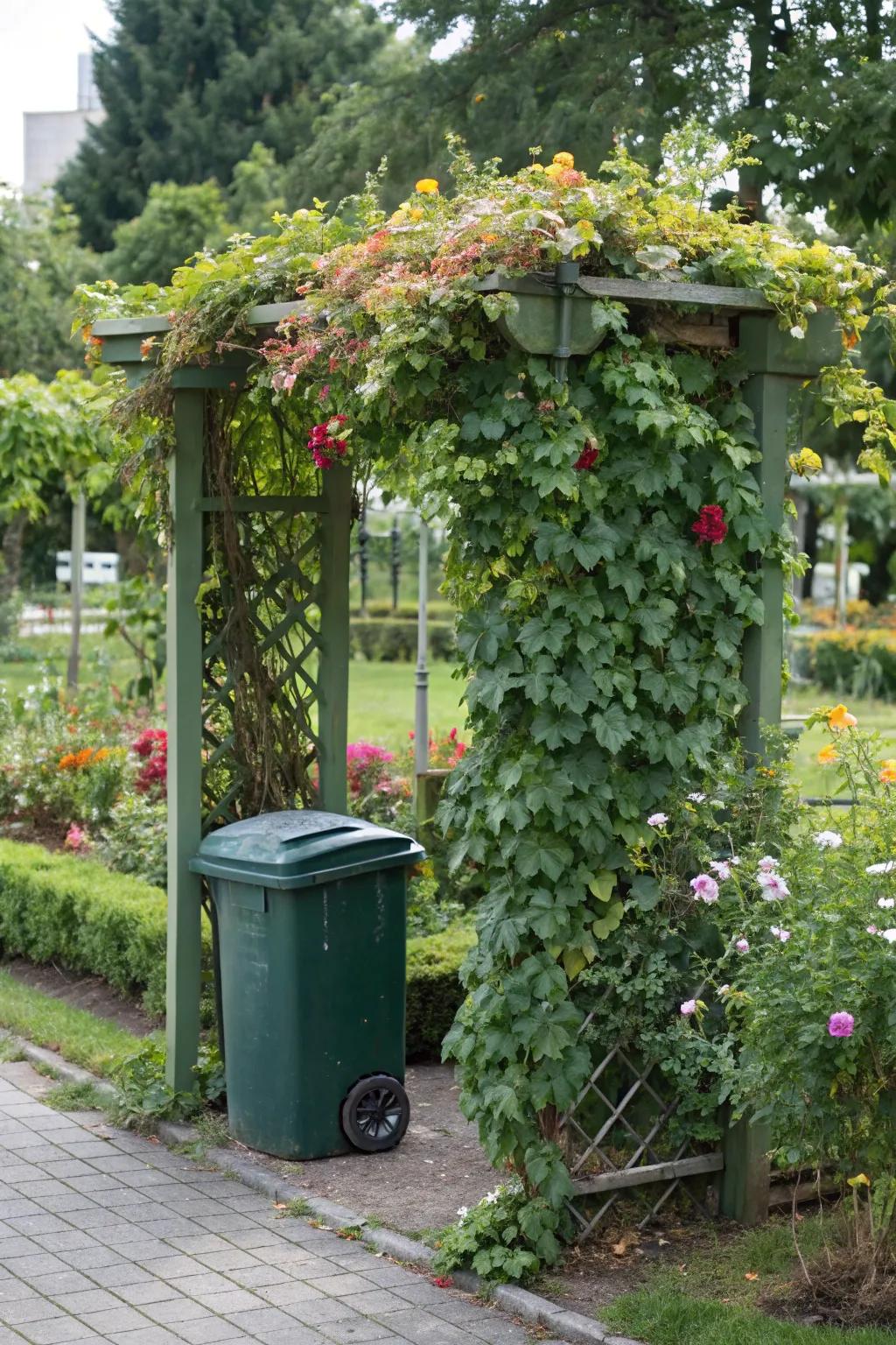 A vegetation frame with climbing plants artfully disguises waste receptacles.
