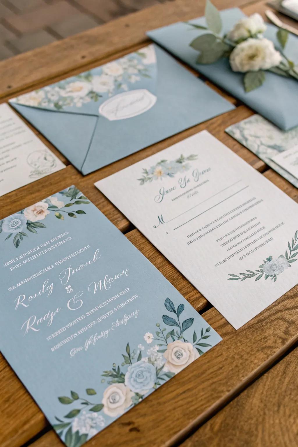 Elegant and sophisticated misty blue invitations that set the ideal tone for your wedding.