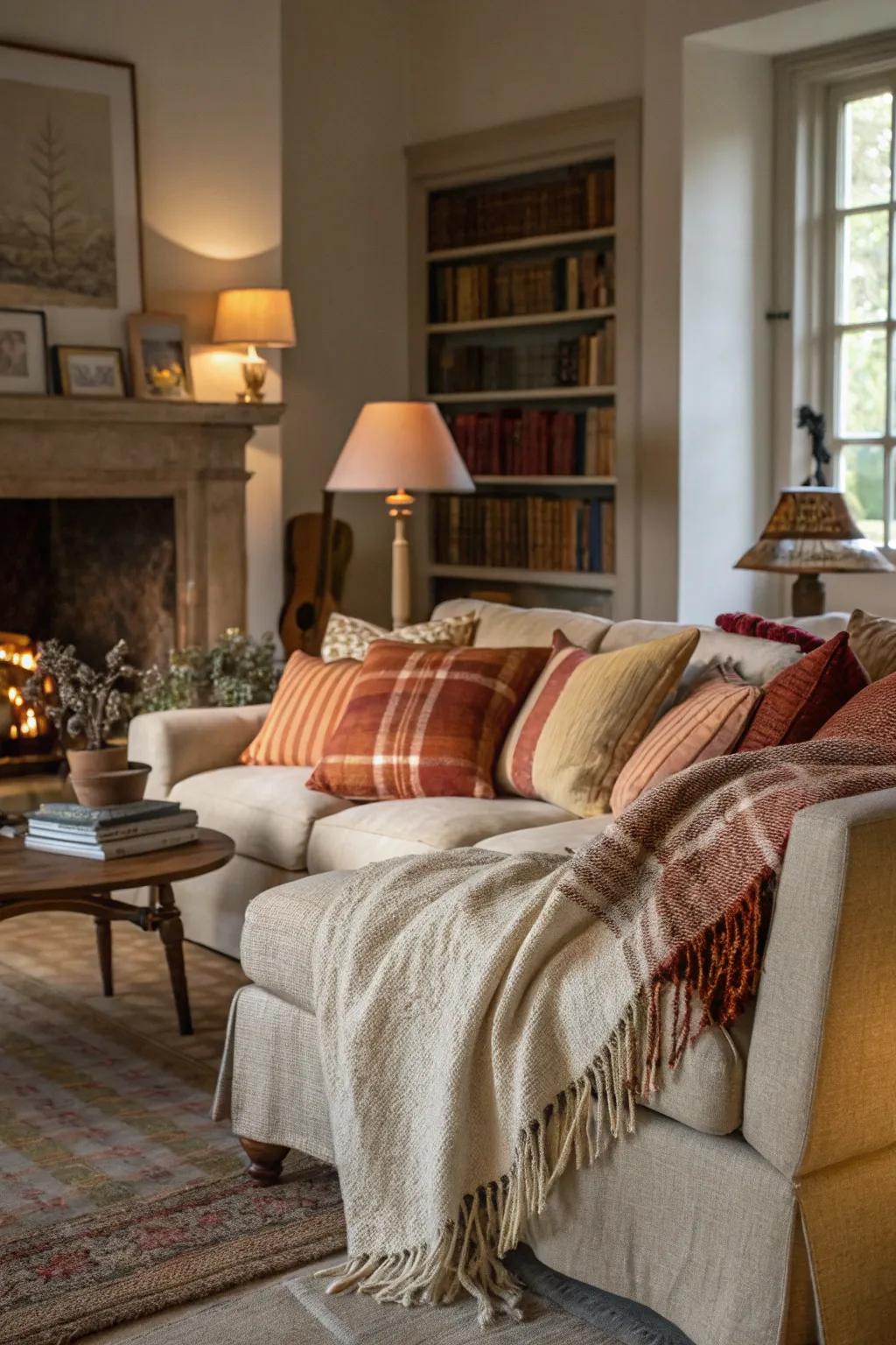 Living room embellished with layered textiles, enhancing its overall surface interest.