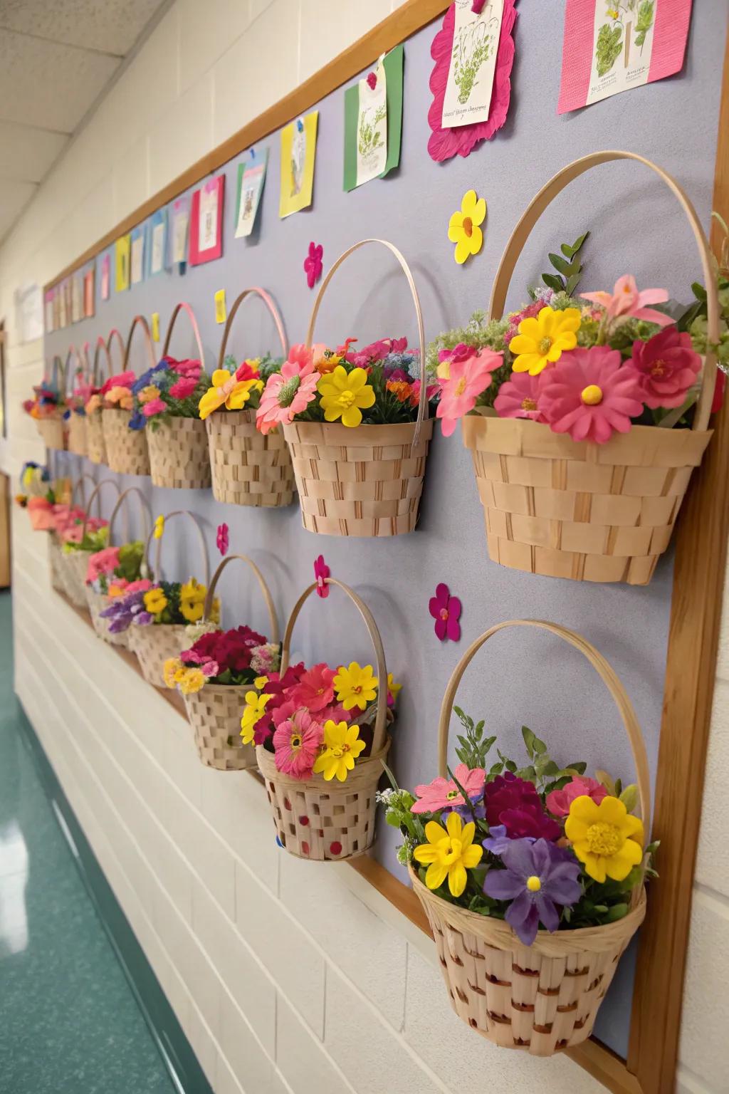 Easter baskets overflowing with colorful paper flowers, symbolizing spring.