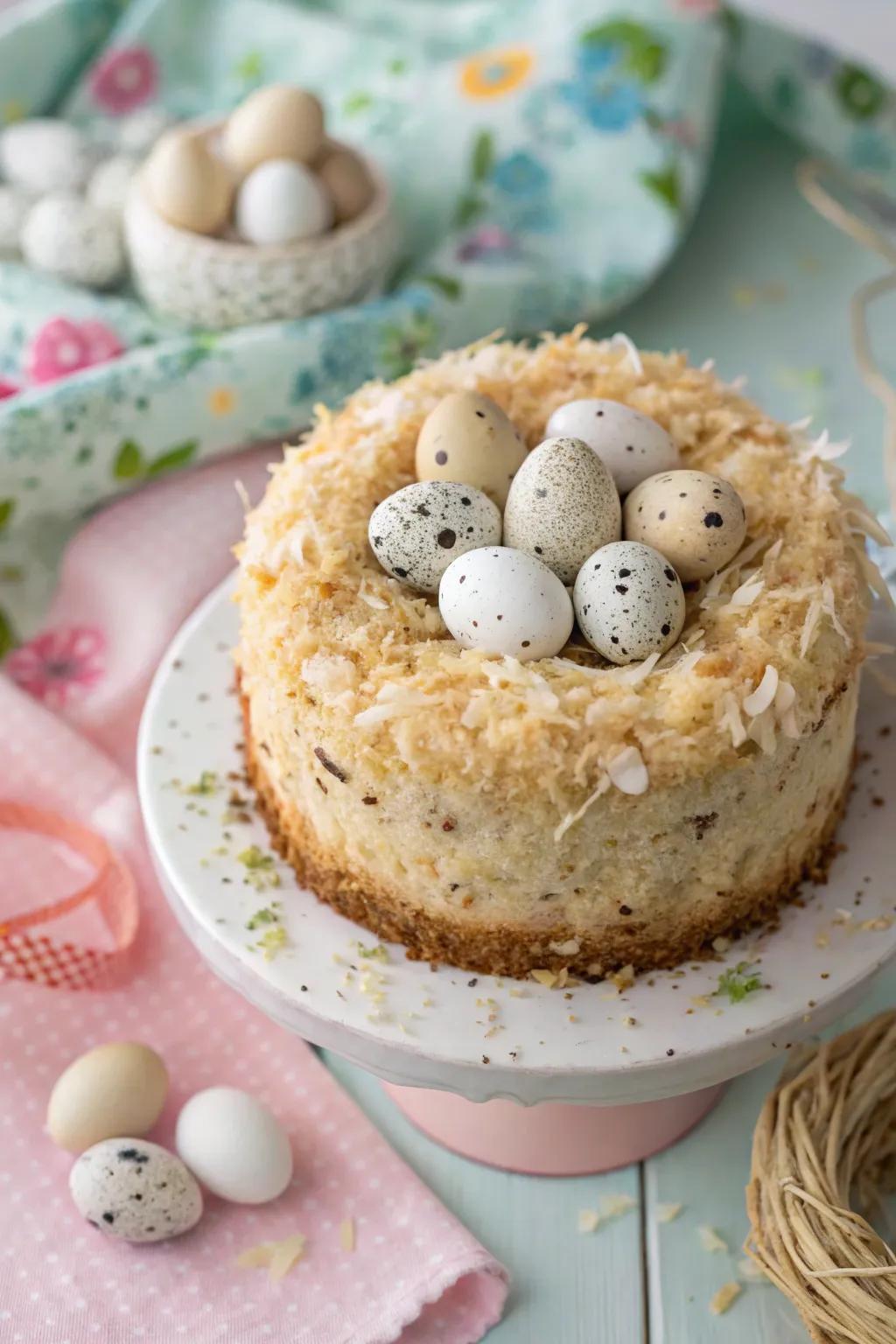 A mottled gem nest introduces a refined touch to this Easter cake.