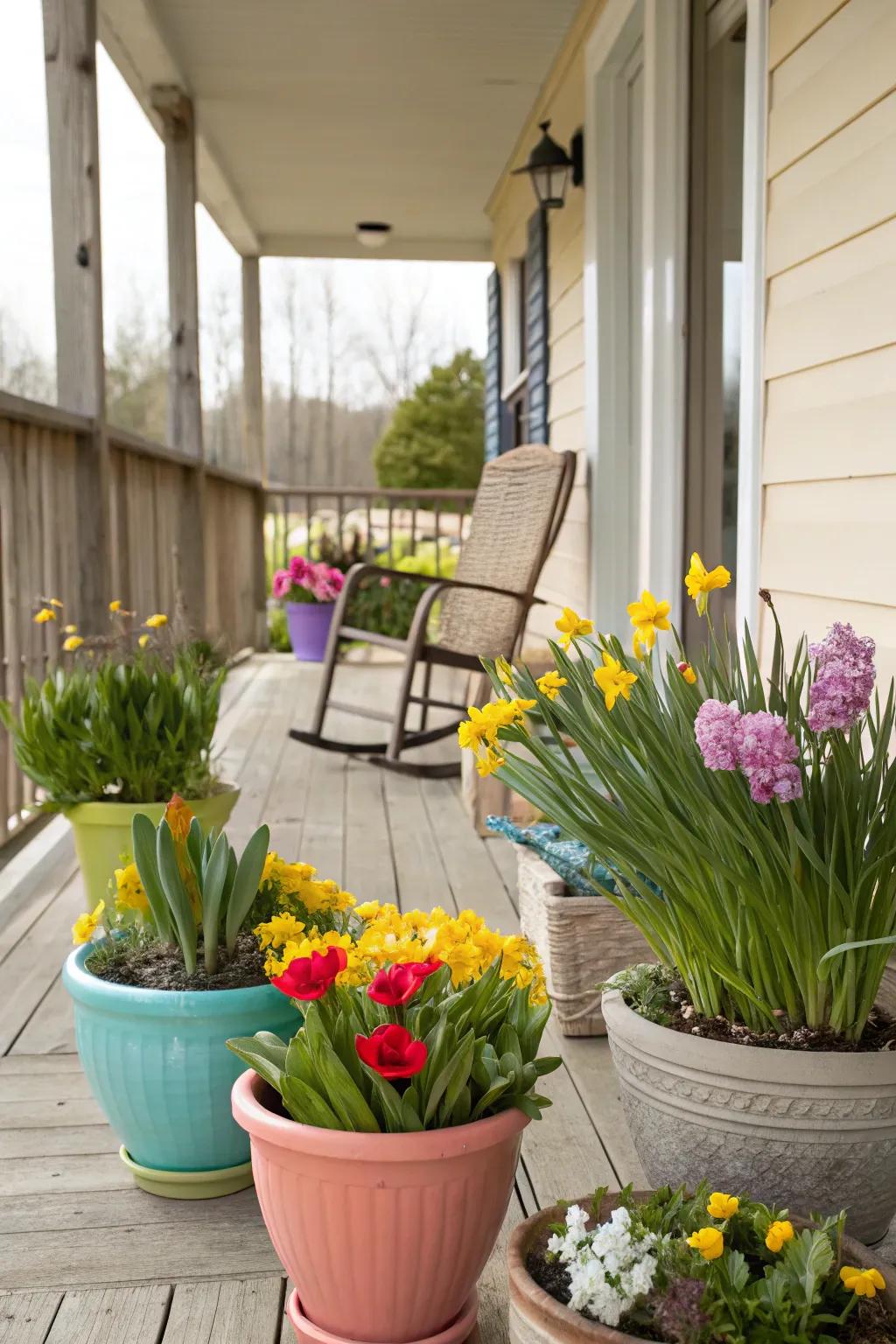Potted flowers breathe life into your Easter porch aesthetic.