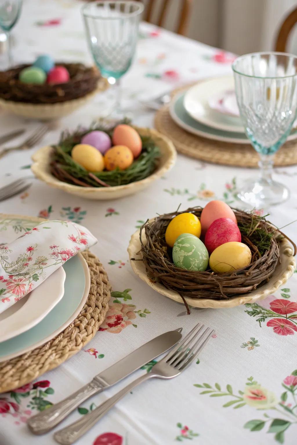 Ornamental shelters with painted eggs compose a festive showpiece.