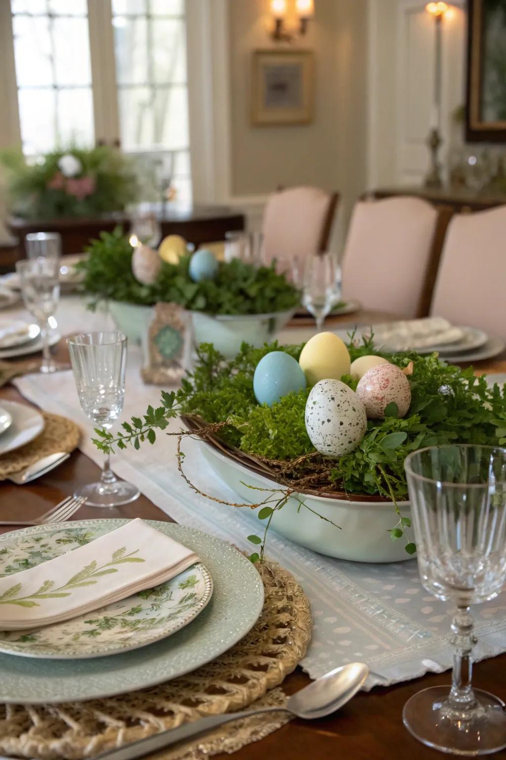 Ornamental eggs nestled in greenery create a captivating focal point.