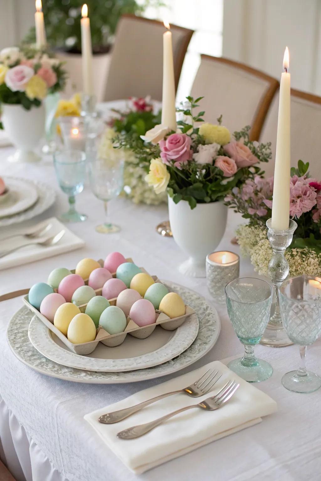 A wedding table embellished with Easter ornaments as key components of the centerpiece display.