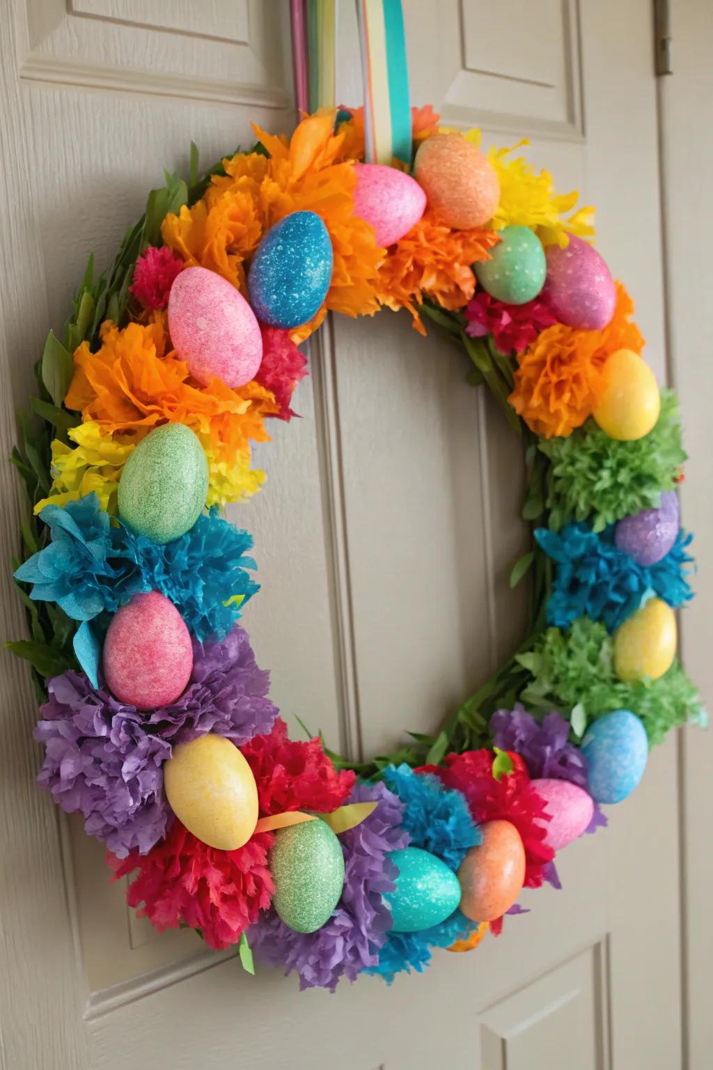 A lively Easter wreath boasting rainbow spheres, perfect for adding a burst of color.