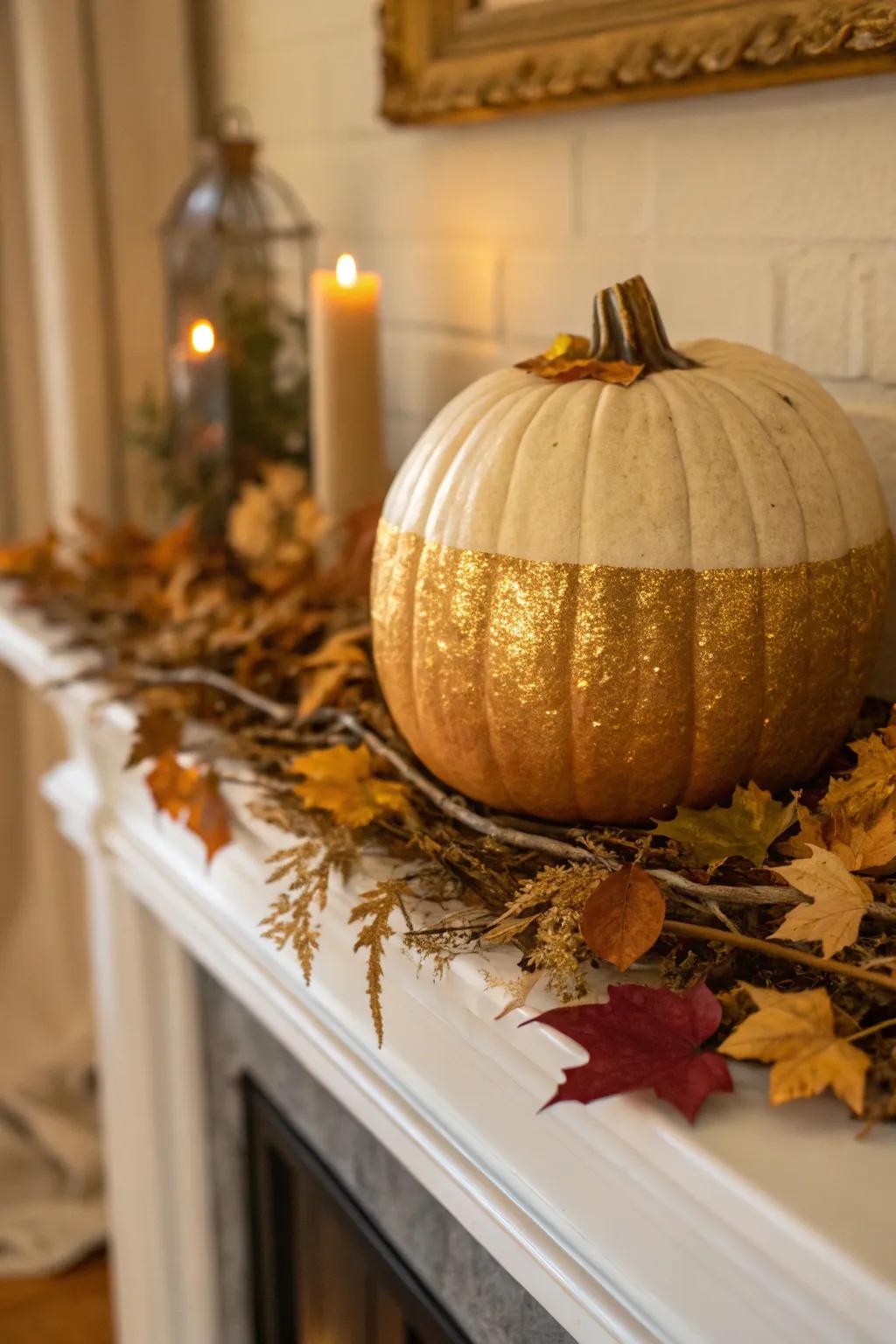 This pumpkin, touched with gold, imparts a note of glamour to any Halloween environment.
