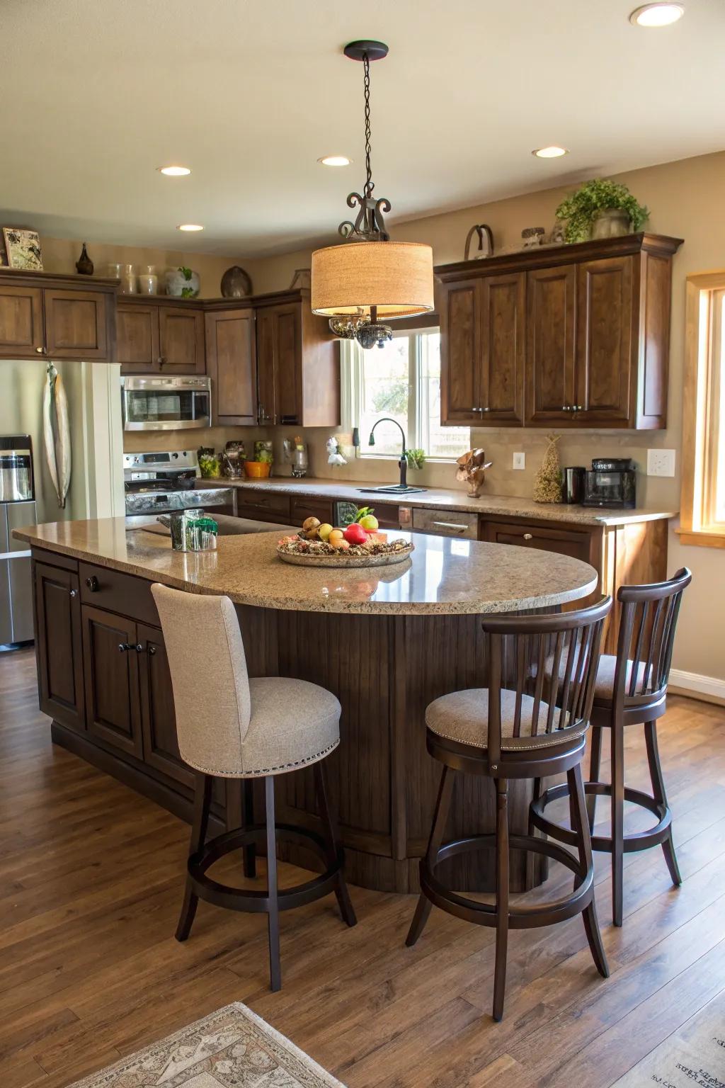 A curved island that's great for family get-togethers.