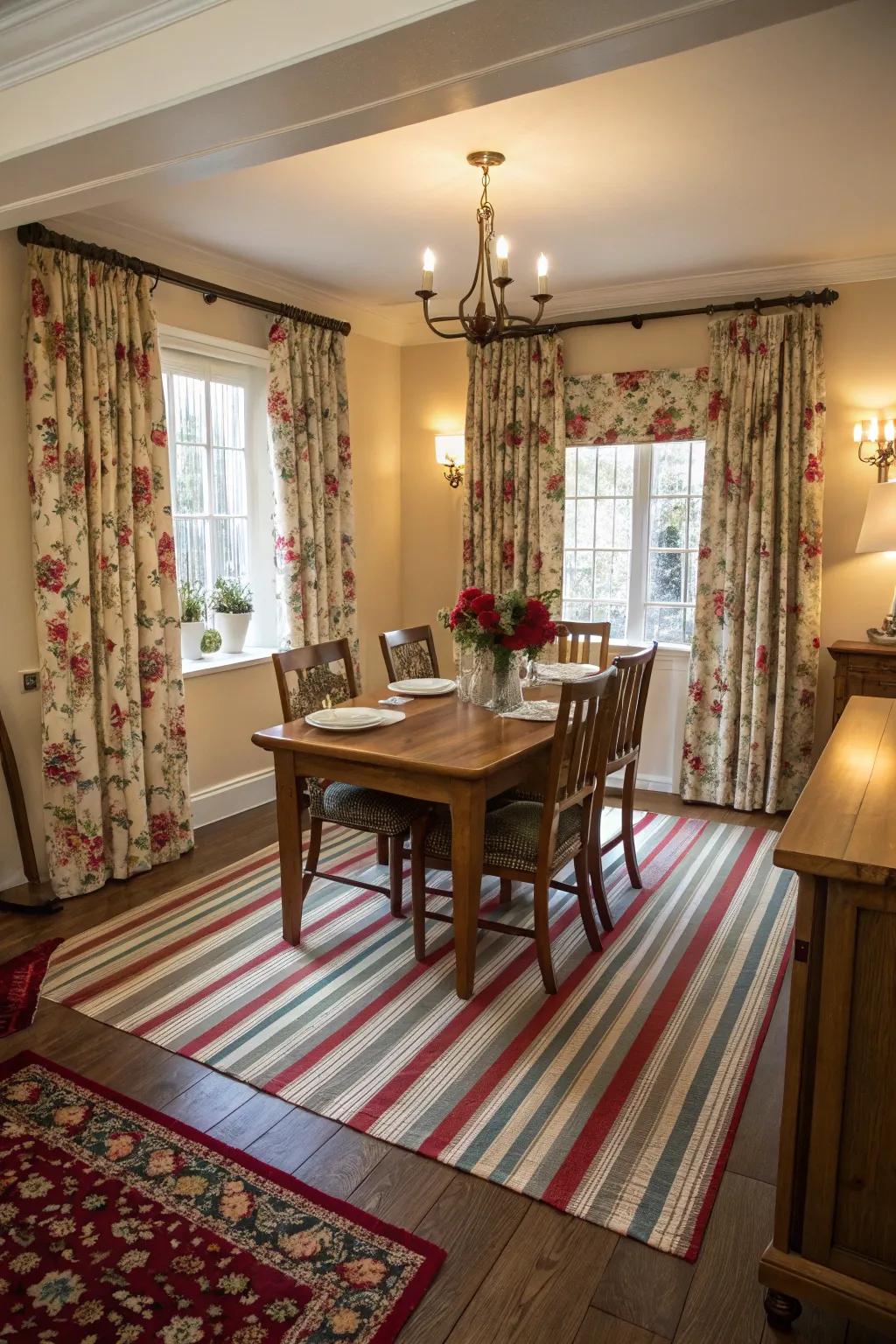 A dining area featuring an exciting blend of designs.