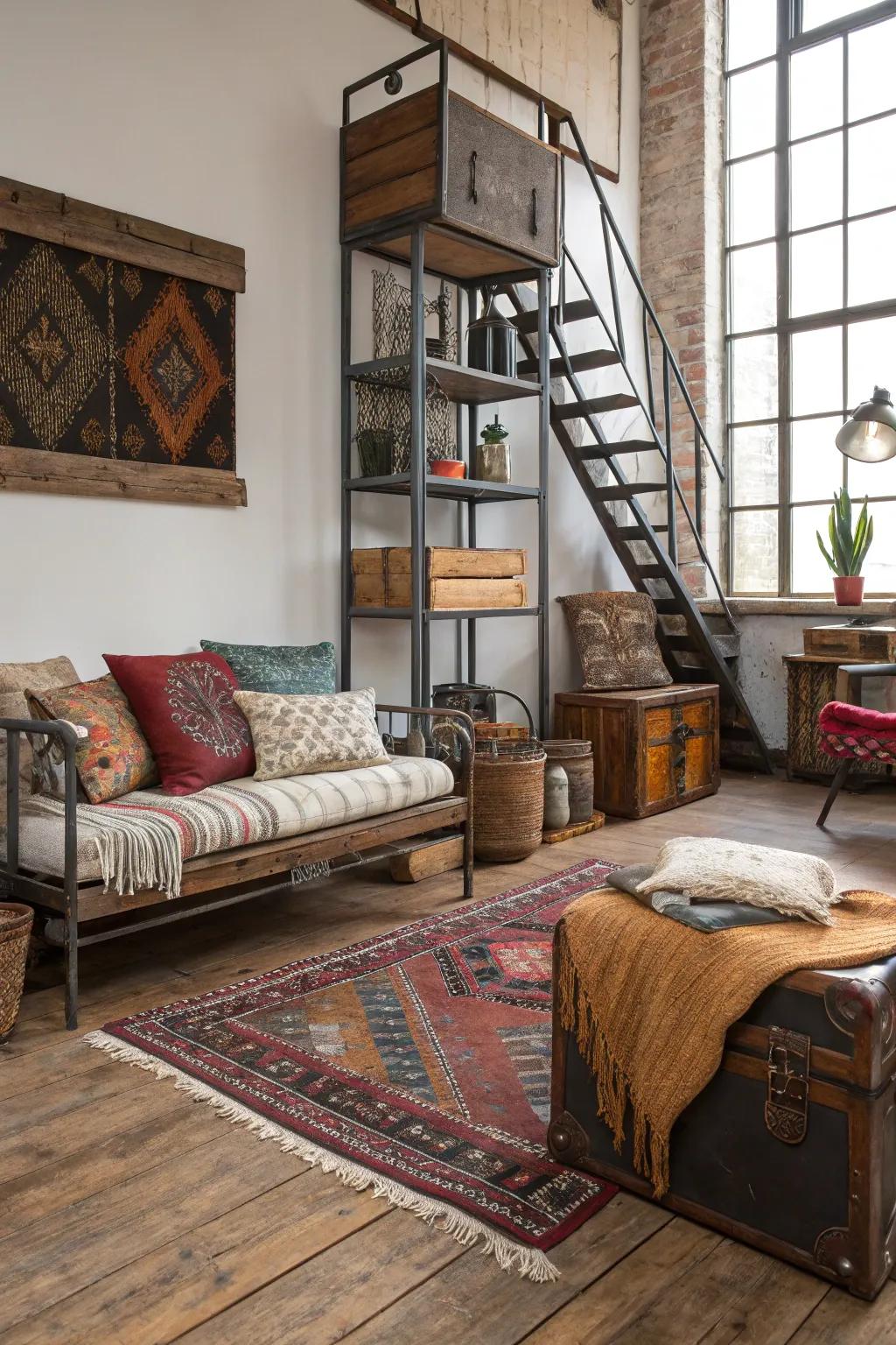 Layered materials enhance the dimension and appeal of this eclectic room.