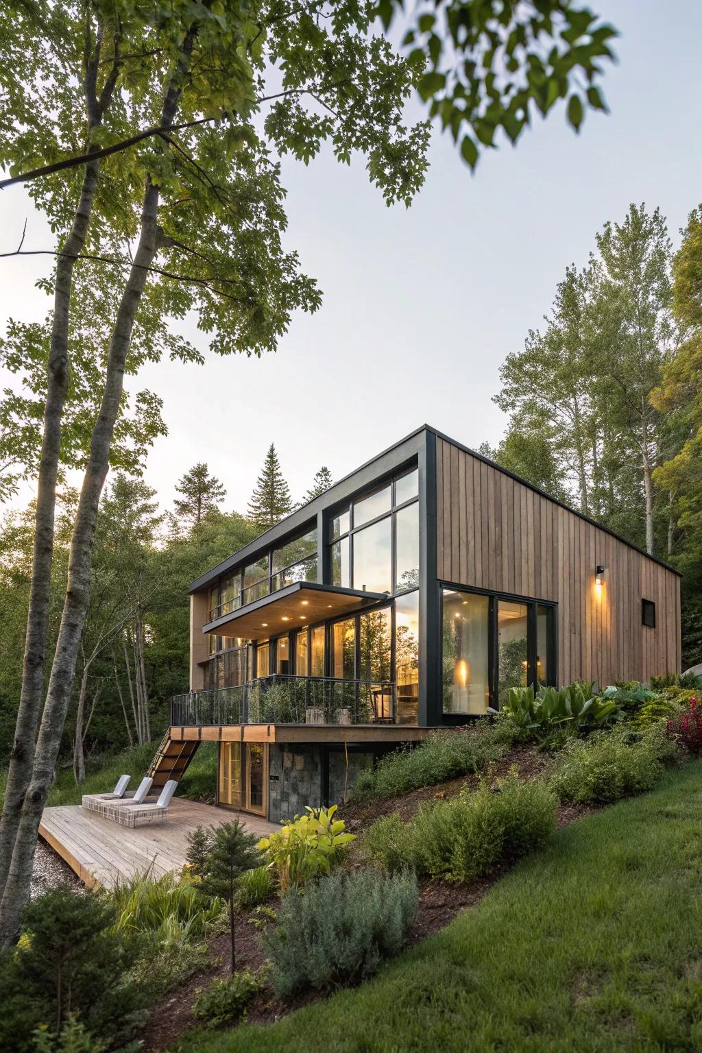 A refined modular home crafted with sustainable resources, nestled in a natural setting.