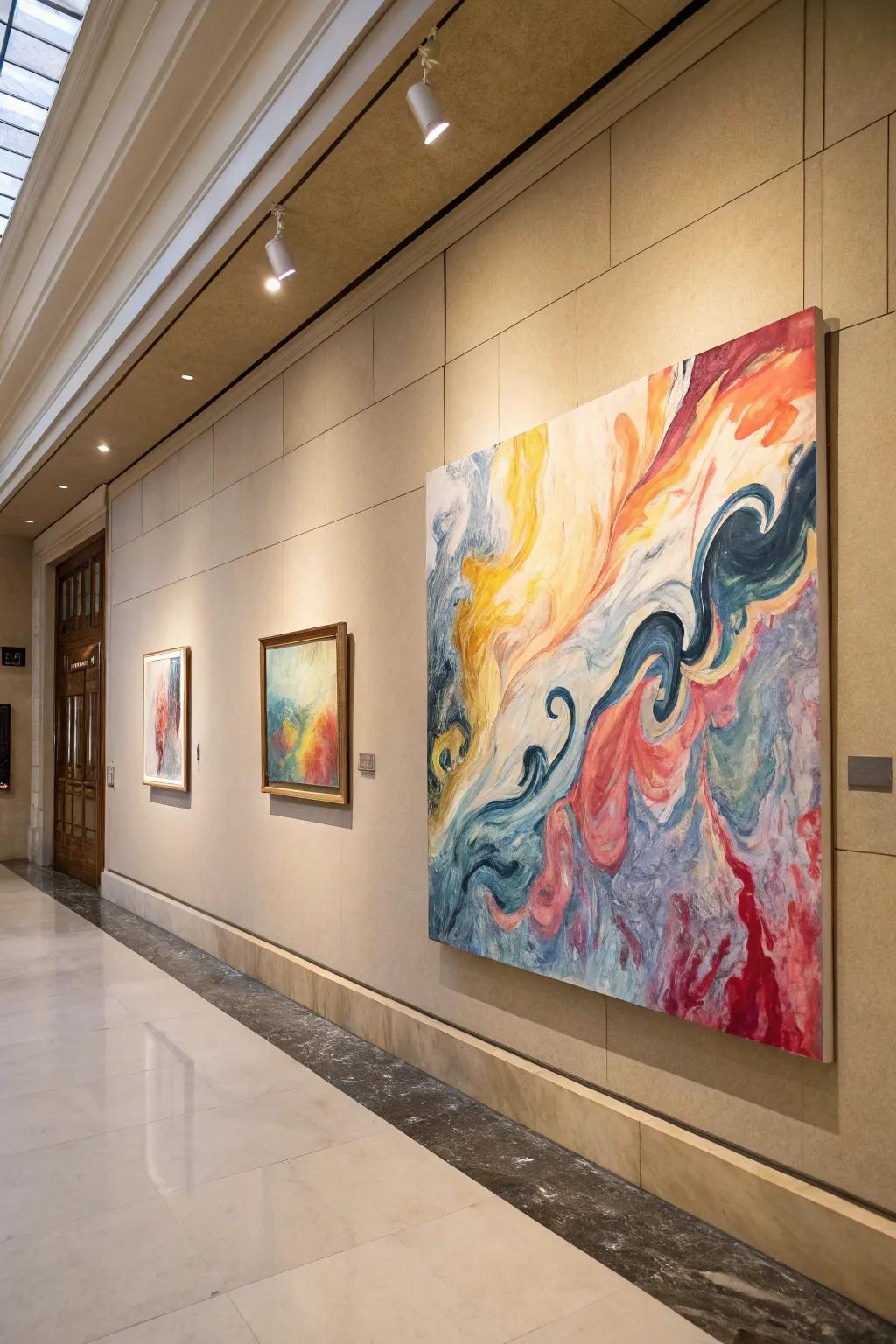 Cascading configurations in art establish a smooth, vibrant ambiance.