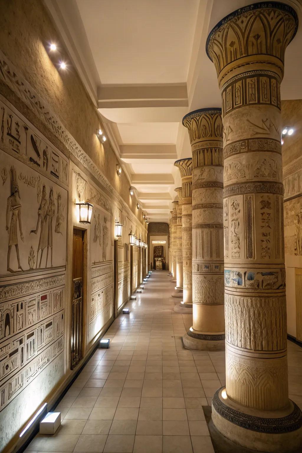 Columns instill a majestic ambiance reminiscent of ancient Egyptian temples.