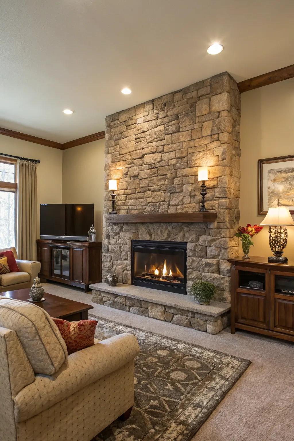 A stone accent wall with an integrated electric heatbox