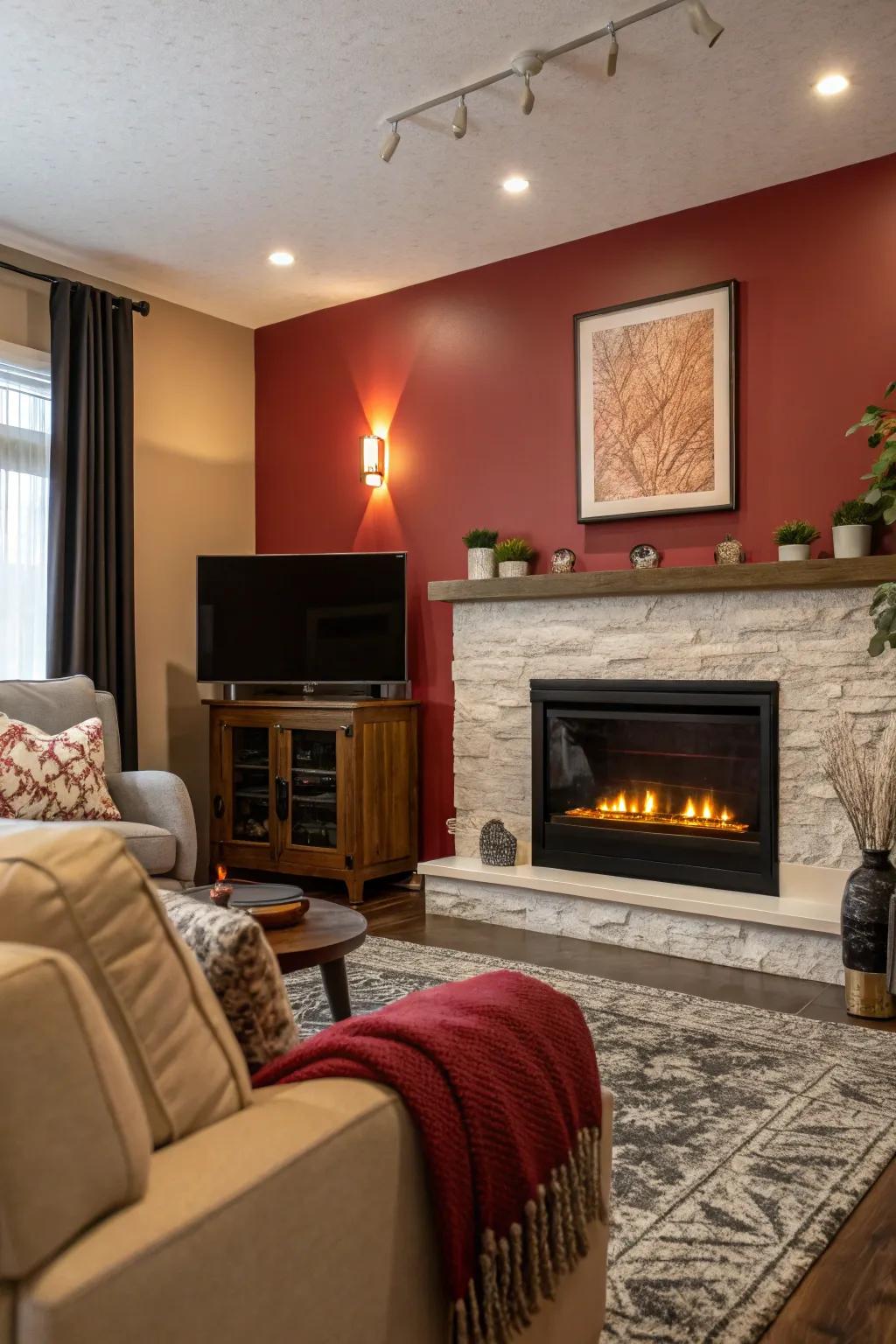 A living room features a boldly colored feature wall that highlights an electric fireplace.