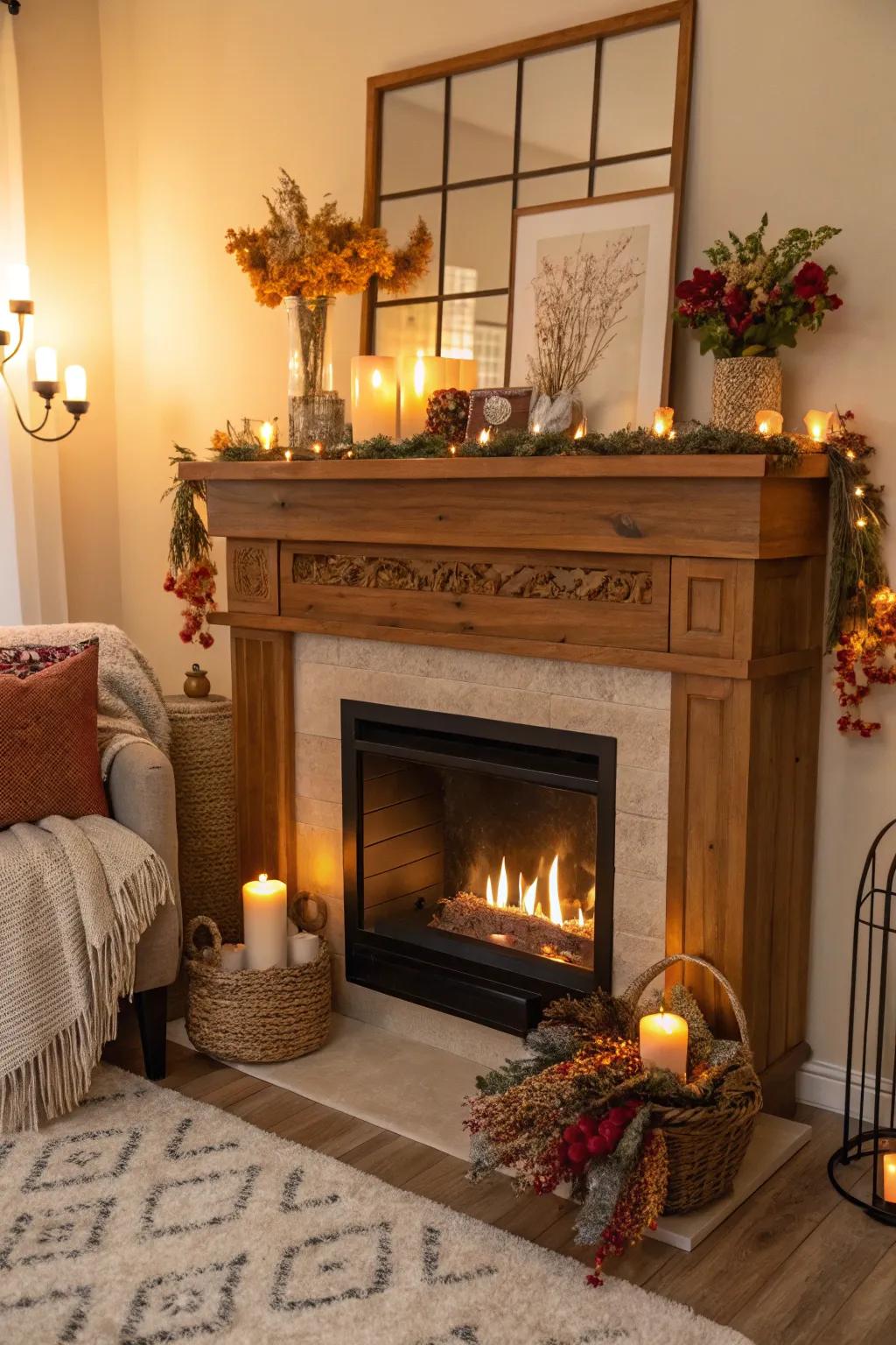 A wood mantel adds a traditional touch to an electric fireplace.