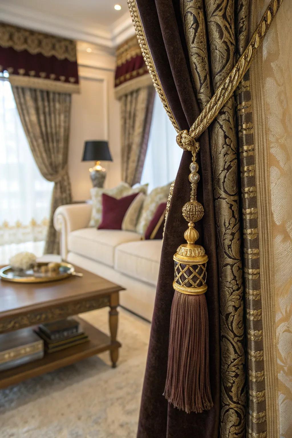 Elaborate fasteners give opulent curtains a personal touch.