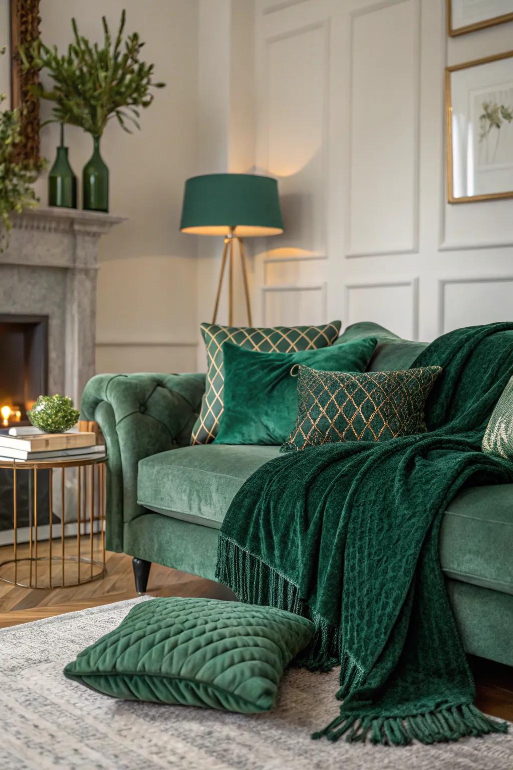 Layered surface textures in forest green for a comfortable impression.