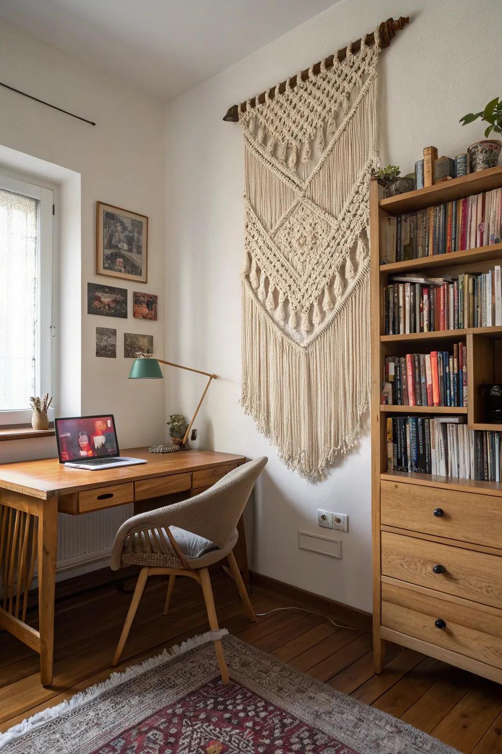 Textured macramé art adds warmth and dimension to a study.