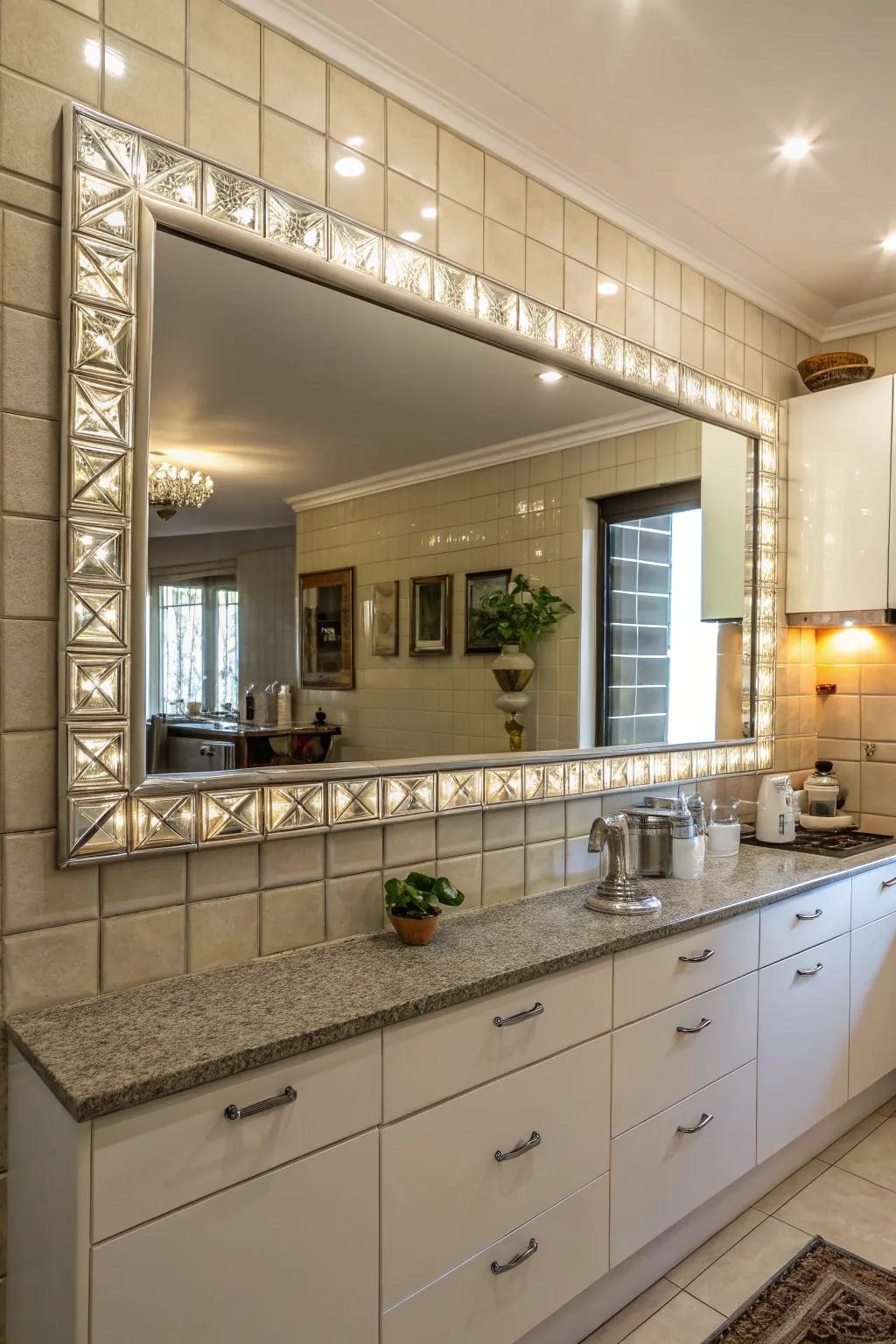 Mirrors introduce light and dimension to a kitchen area.