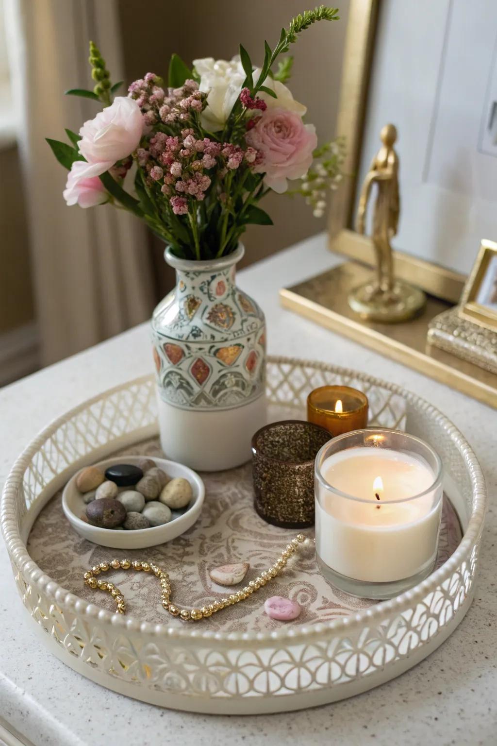 A decorative tray organizes end table decor.