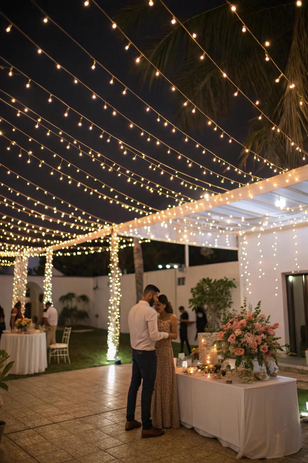 Fairy lights casting a warm shine over an engagement celebration.