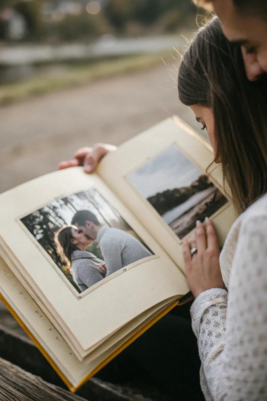 A close-up of a pair's tender moment preserved in a photo book.