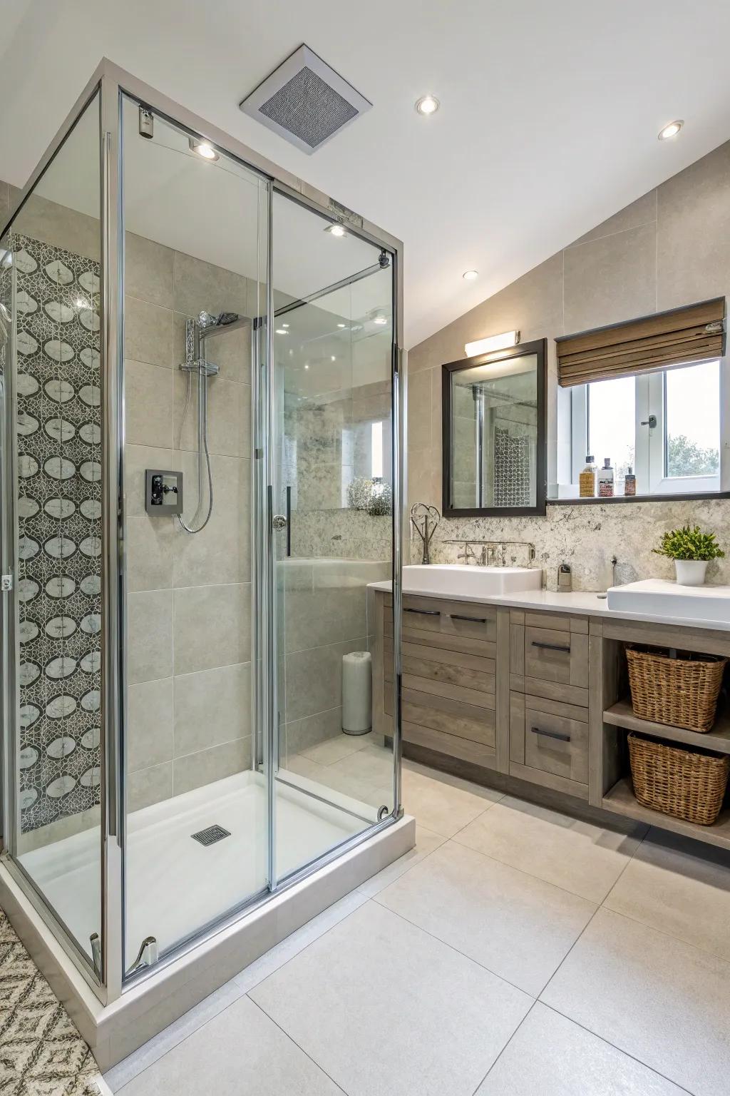A walk-in shower with glass doors adds style and space to a private bathroom.