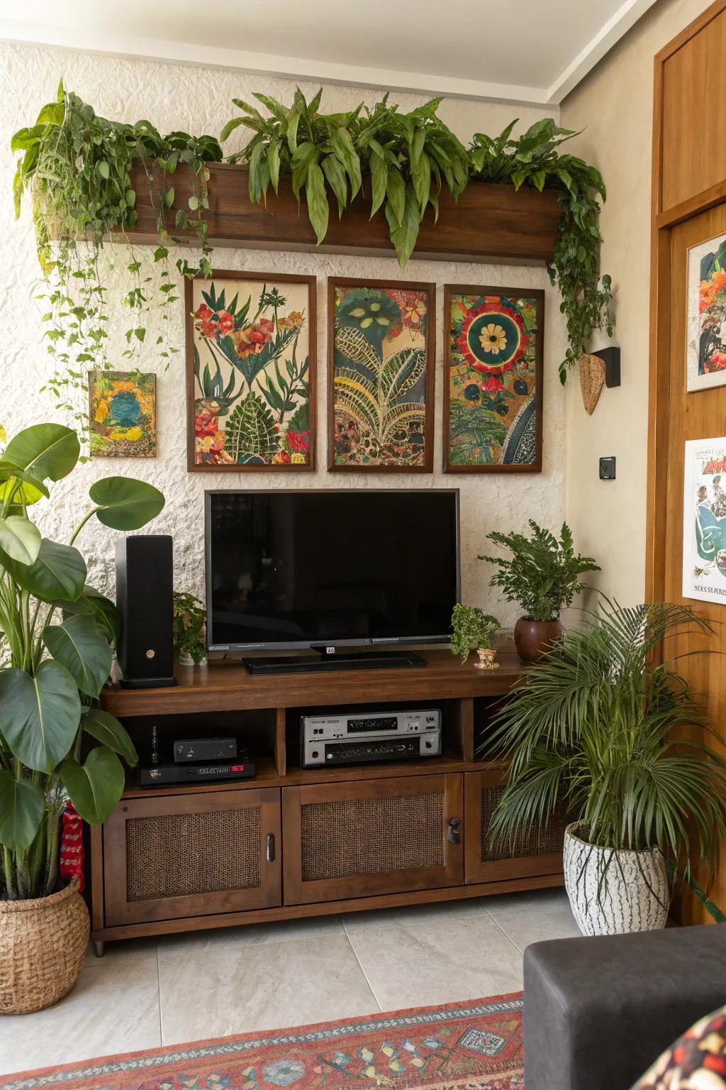 Decorative accents, such as plants and artwork, impart vibrancy to this entertainment center.