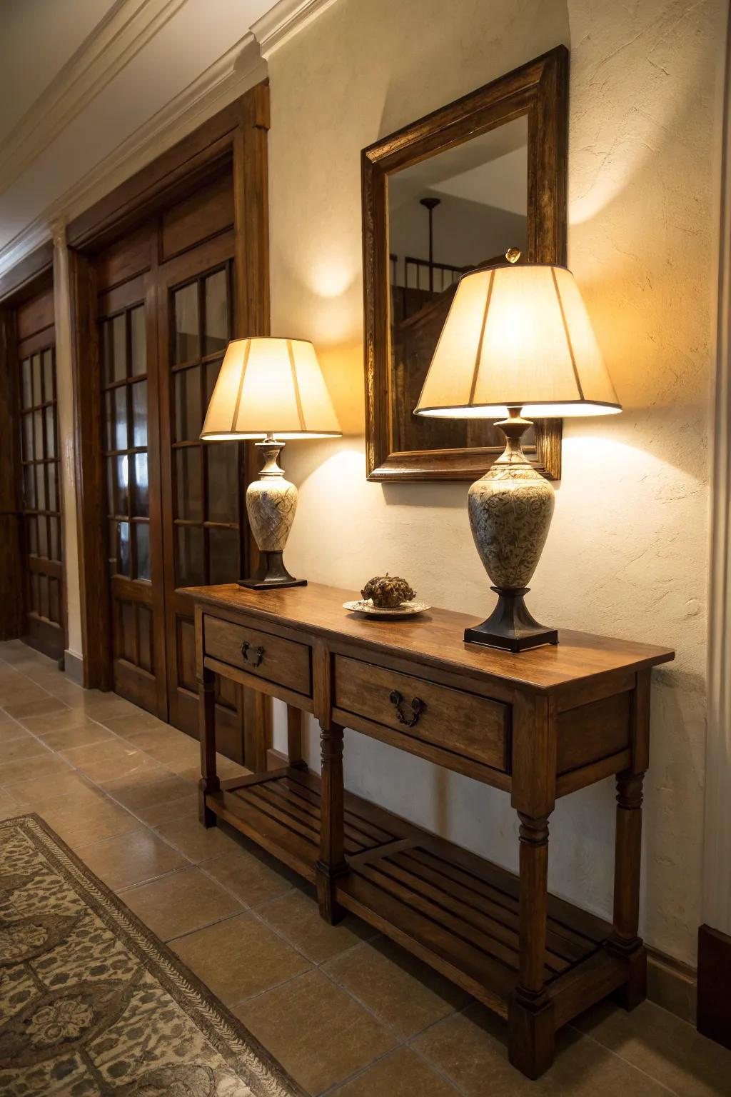 Desk lamps add a comfortable feel to this inviting entrance.