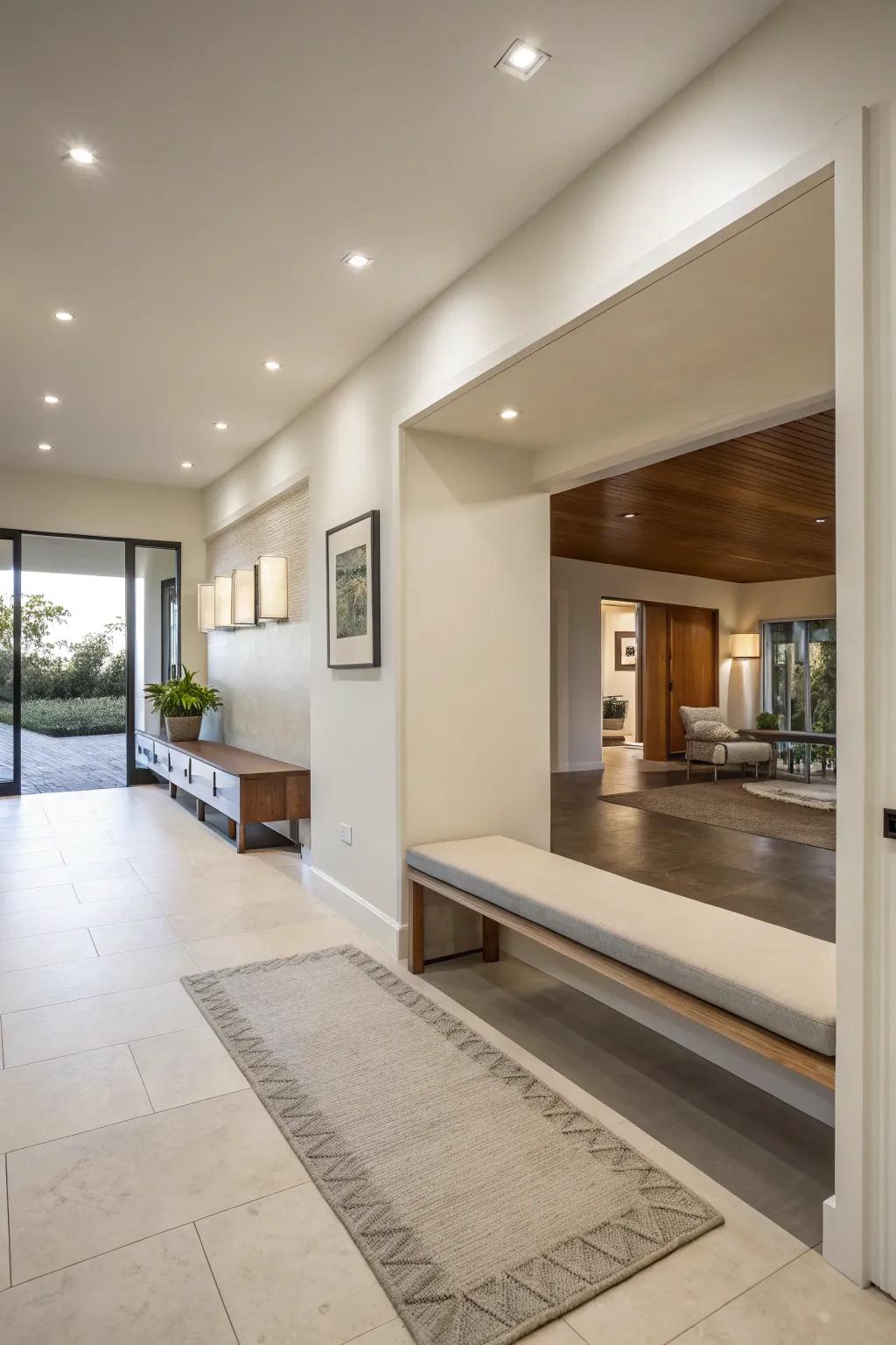 A streamlined, minimalist bench complements this modern and spacious entryway.