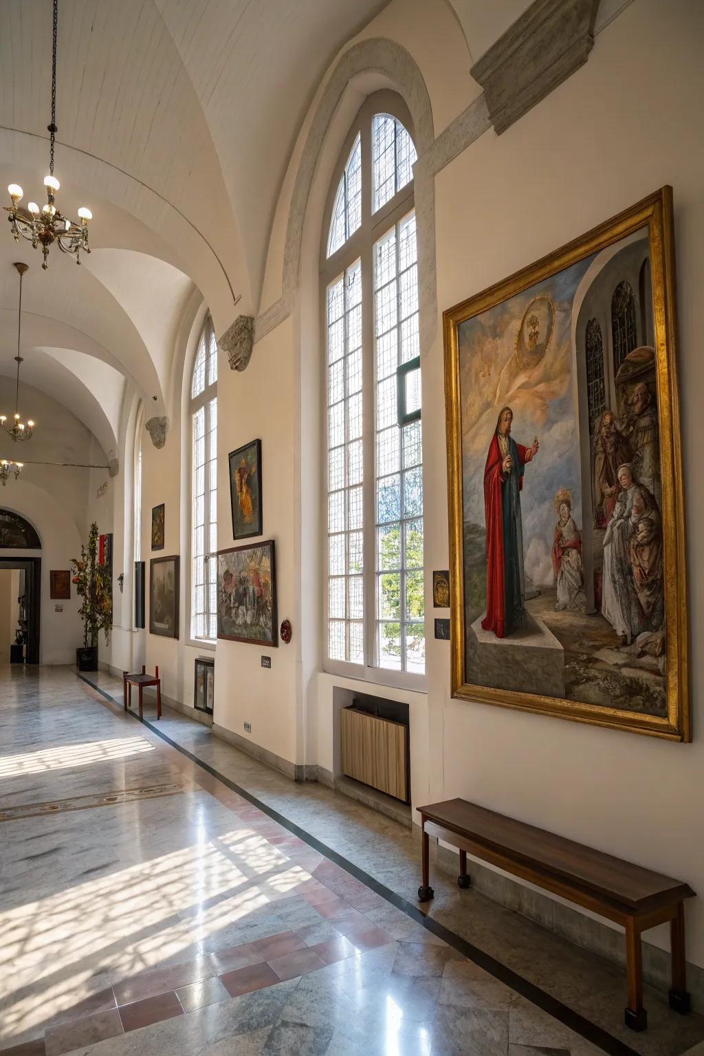 Artistic expressions in the church foyer unite faith and beauty.
