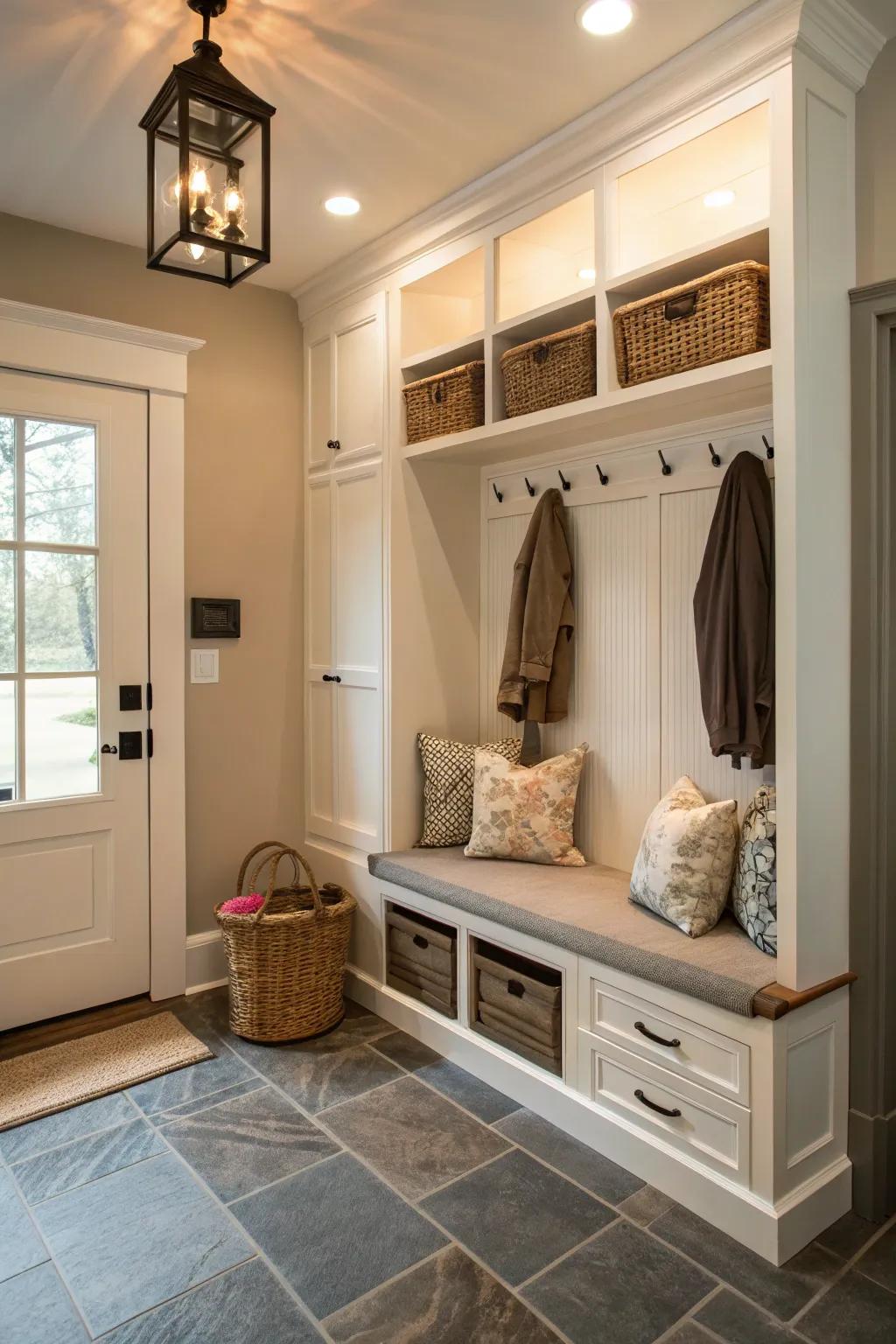 Multiuse storage pieces keep your entryway neat.