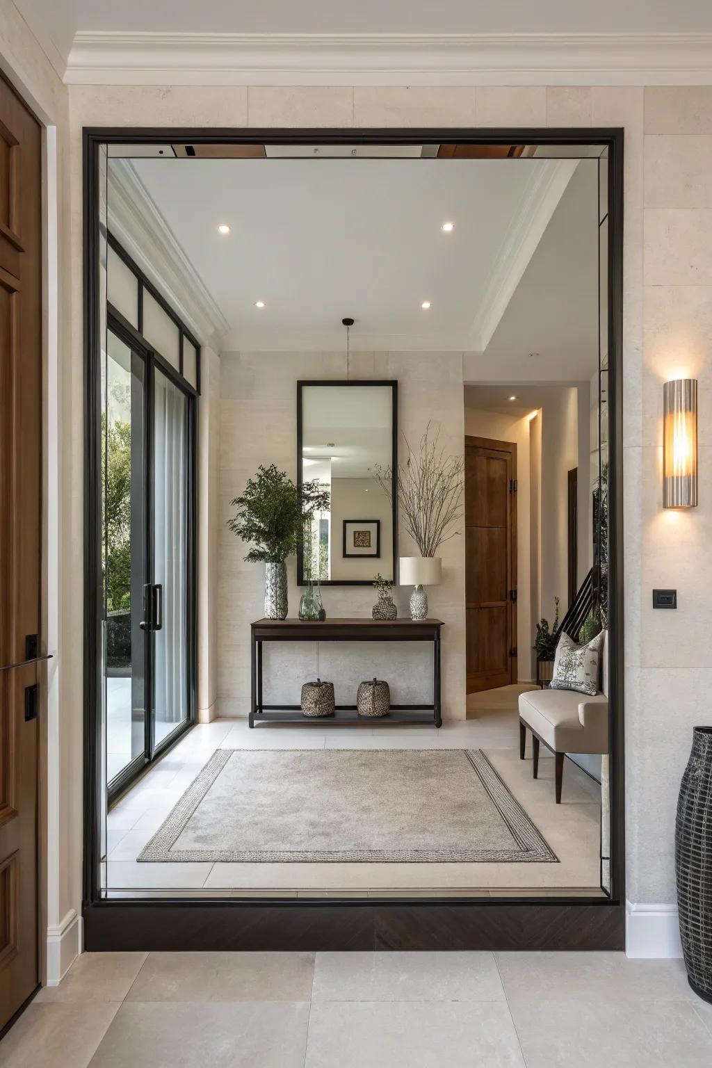 A trim-less mirror offers a smooth and contemporary accent to any entryway.