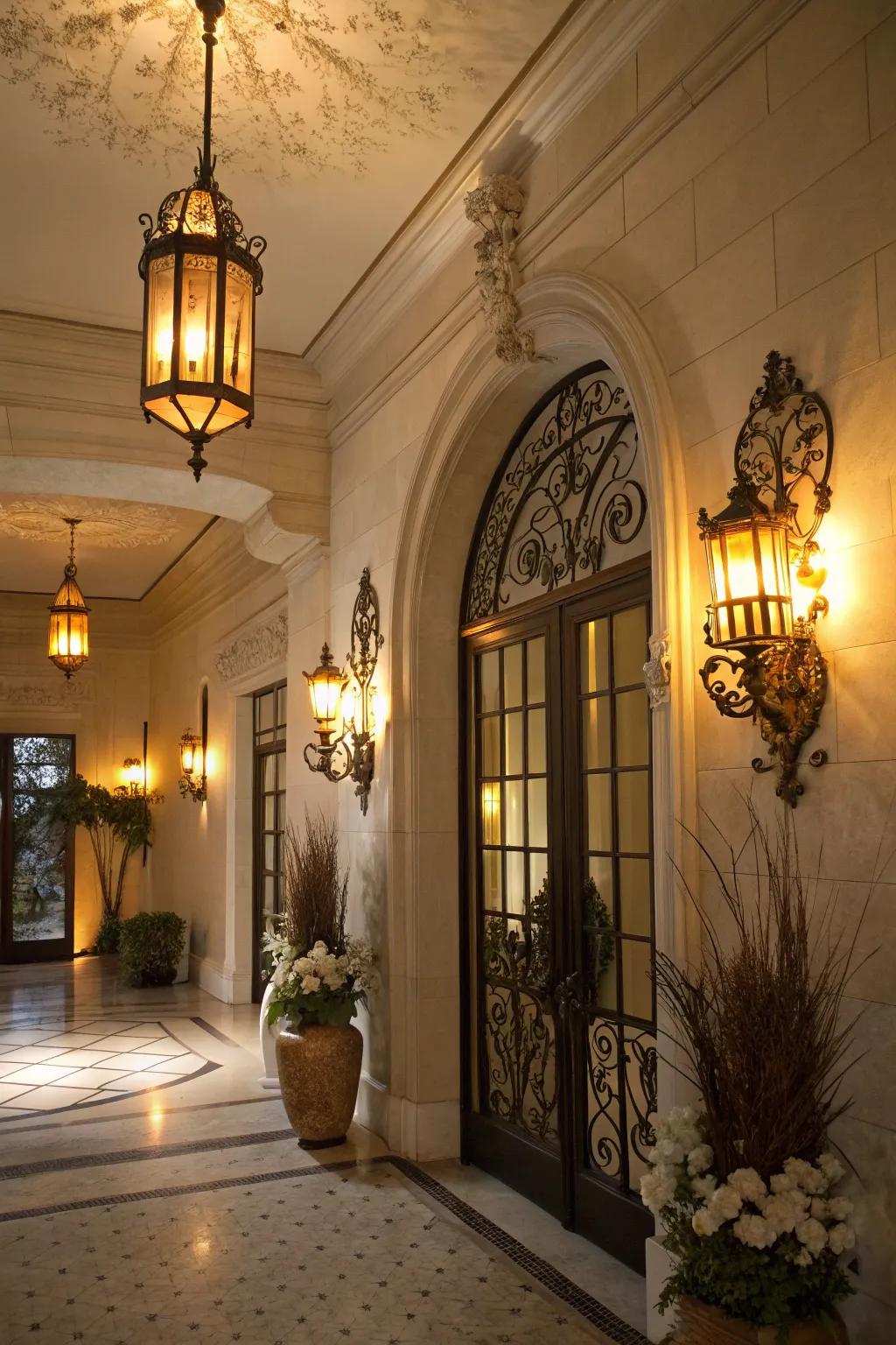 An entryway brightened by decorative wall sconces, offering a sophisticated ambiance.